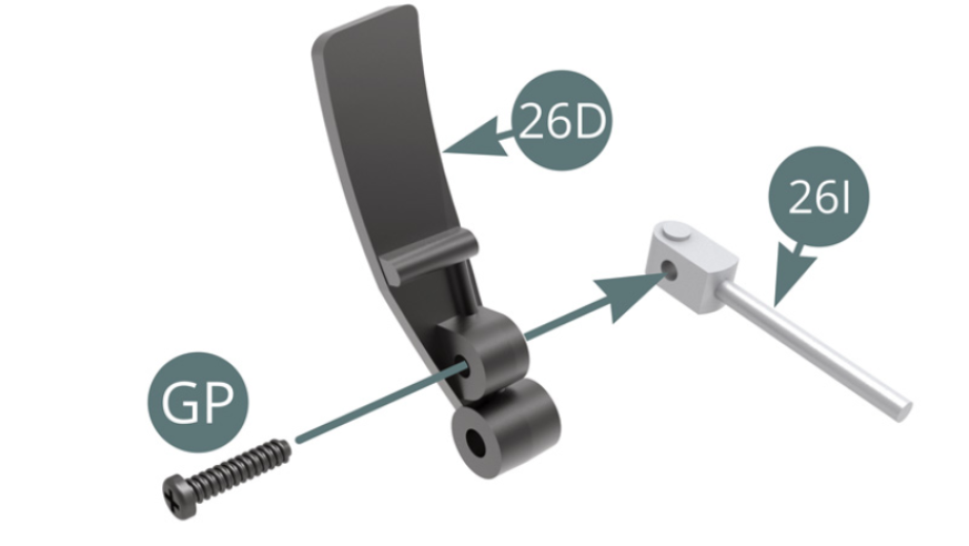 Positionieren Sie eine GP-Schraube in einem 26I-Stößel, indem Sie sie zuerst durch das 26D-Gaspedal führen.