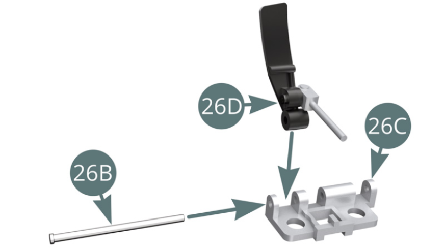 Monta el Pedal del acelerador (26D) en el Soporte de pedalier (26C) y fíjalo con la Varilla (26B).