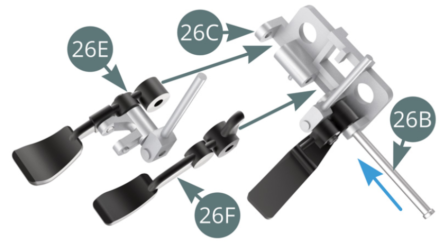 Monta sucesivamente, el Pedal de freno (26F) y el Pedal de embrague (26E) en el Soporte del pedal (26C) y fíjalos haciendo avanzar la Varilla (26B) (flecha azul).