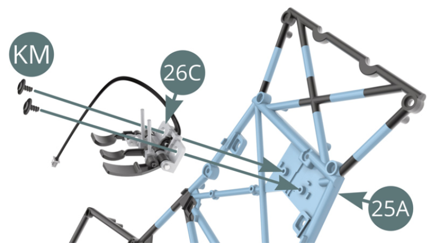 Monta el Soporte de pedalier (26C) en el Chasis inferior (25A) y fíjalo con dos tornillos KM.