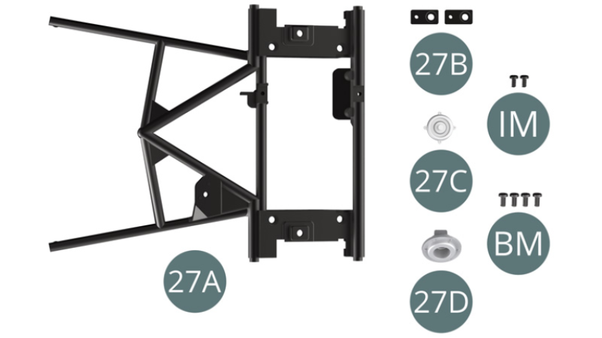 27A Bastidor de salpicadero27B Pata de fijación (x 2) 27C Interruptor del limpiaparabrisas27D BocinaTornillo IM  M 1,7 x 3,5 mm (x 2)Tornillo BM M 2 x 4 mm (x 4)