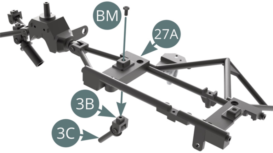 Positionner  le support d’amortisseur 3B et le piston 3C sur le cadre du tableau de bord 27A, puis le fixer avec une vis BM.