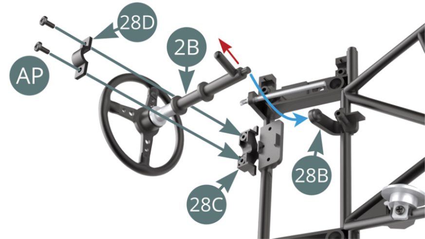 Setzen Sie das Ende der Lenksäule 2B auf die Stütze  28B (blauer Pfeil) und befestigen Sie sie mit Halterung 28D und zwei AP-Schrauben an der Stütze 28C. Überprüfen Sie die Ausrichtung der Achse am Ende der Lenksäule 2B (roter Pfeil).
