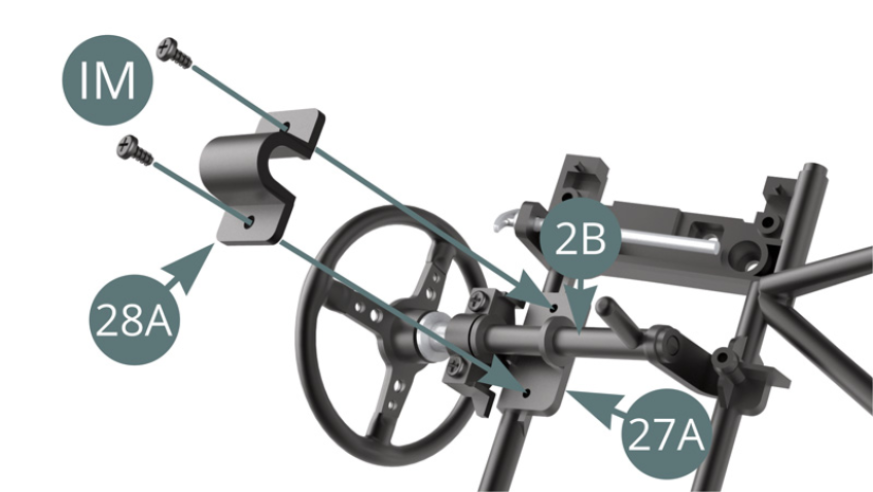 Befestigen Sie die Lenksäule 2B mit 28A Halterung und zwei Schrauben IM am Rahmen des Armaturenbretts 27A.