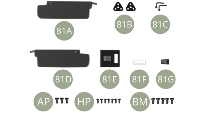 81A Linke Sonnenblende  81B Befestigungsplatte ( x2 )81C Schwenkachse ( x2 ) 81D Rechte Sonnenblende81E Lampengehäuse81F Innenleuchte81G AntennensockelAP M 1,7 x 4 mm (x 3)HP M 1,5 x 3 mm (x 7)BM M 2,0 x 4 mm (x 5)