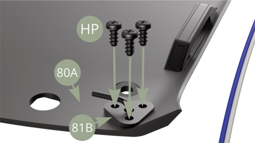 Fixer le second support 81B à l’angle avant droit du ciel de toit 80A avec trois vis HP.