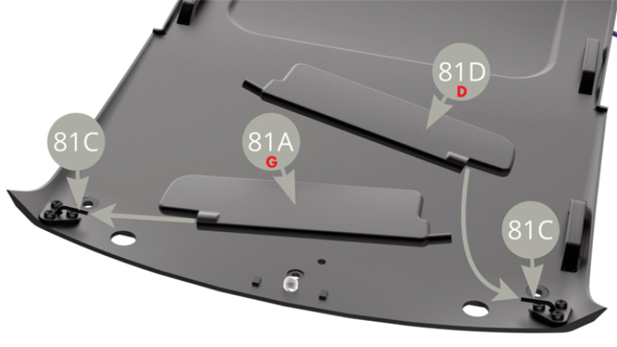 Fit 81A Left and 81D Right sun visors to left and right 81C Pivot axles respectively.