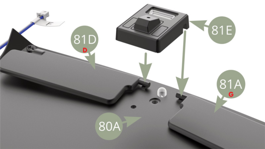 81E (Lampengehäuse) an 80A (Deckenverkleidung) montieren, dabei auch 81D (rechts) und 81A (links) der Drehzapfen der Sonnenblende einrasten.