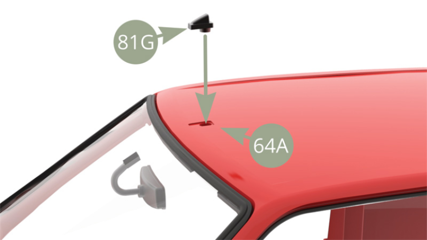 Coloque 81G (Base de la antena) en 64A (Carrocería), y fíjela desde abajo con el tornillo AP (ilustraciones superior e inferior).