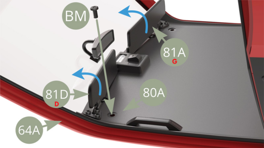 Heben Sie 81A (links) und 81D ( Sonnenblende rechts) an - blaue Pfeile - und befestigen Sie 80A (Deckenverkleidung) an der rechten Ecke mit der BM-Schraube an 64A (Karosserie).