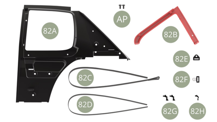 82A Interior left panel    82B Windowsill frame82C Front left safety belt82D Rear left safety belt82E Belt holder 82F Buckle82G Quarterlight glass hinges ( x2 )82H Quarterlight glass leverAP M 1,7 x 4 mm (x 2)