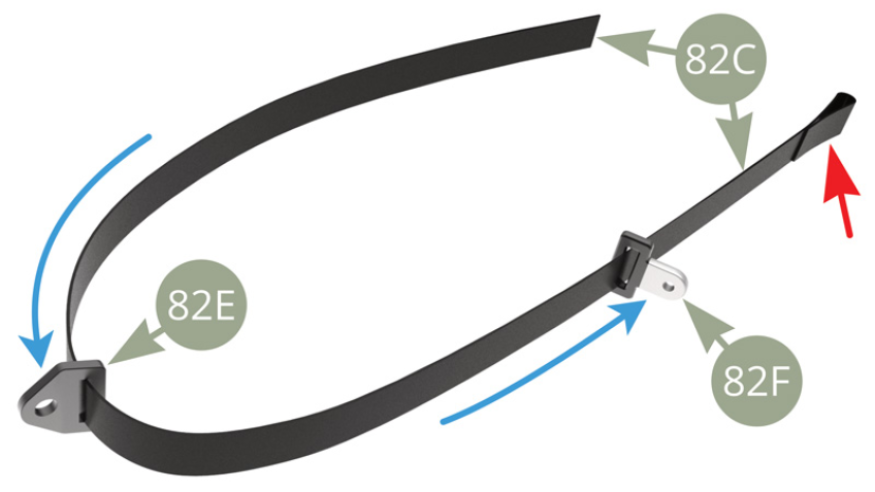 Fit sequentially 82F Buckle and 82E Belt holder to 82C Front left safety belt with loop at the end ( red arrow ).