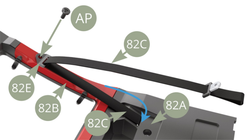 Fit 82E Belt holder to 82B Windowsill frame and fix with AP screw . Lead 82C Front left safety belt into the slot of 82A Interior left panel ( blue arrow ).