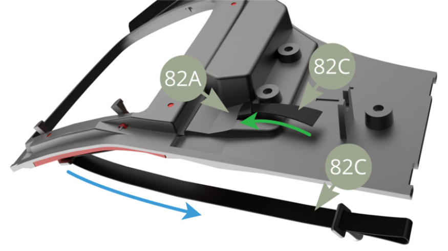 Pull 82C Front left safety belt as blue and green arrows point , to position the belt.