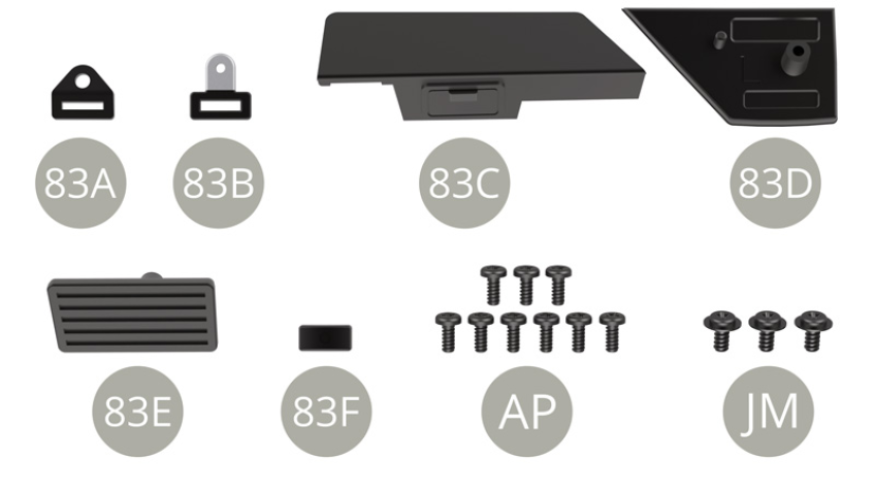 83A Support de ceinture83B Boucle de ceinture83C Cendrier83D Grille de décoration83E Grille de décoration83F Support de plage arrière AP Vis M 1,7 x 4 mm (x 9)JM Vis M 2,0 x 4 x 5 mm (x 3)