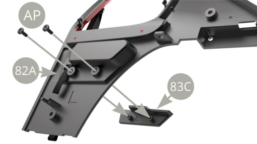 Coloque 83C (Panel del cenicero) en 82A (Panel interior izquierdo) y fíjelo con dos tornillos AP.