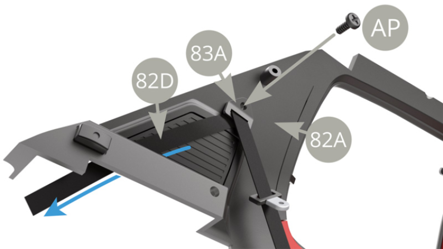 Fit 83A Belt holder to 82A Interior left panel and fix with AP screw. Pass one end of 82D Rear left safety belt via the slot in 82A Interior left panel ( blue arrow ).