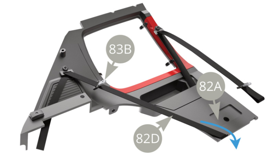 Wrap the other end of 82D Rear left safety belt over the notch in lower edge of 82A Interior left panel ( upper illustration , blue arrow ) and fix it ( punching with thick needle or awl , red arrow , lower illustration ) with AP screw , attaching 83E Deco grid panel at the same time . Note 83B Buckle position on upper illustration.