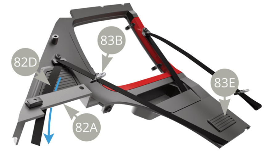 Pull to tighten the upper end of 82D Rear left safety belt ( blue arrow ).