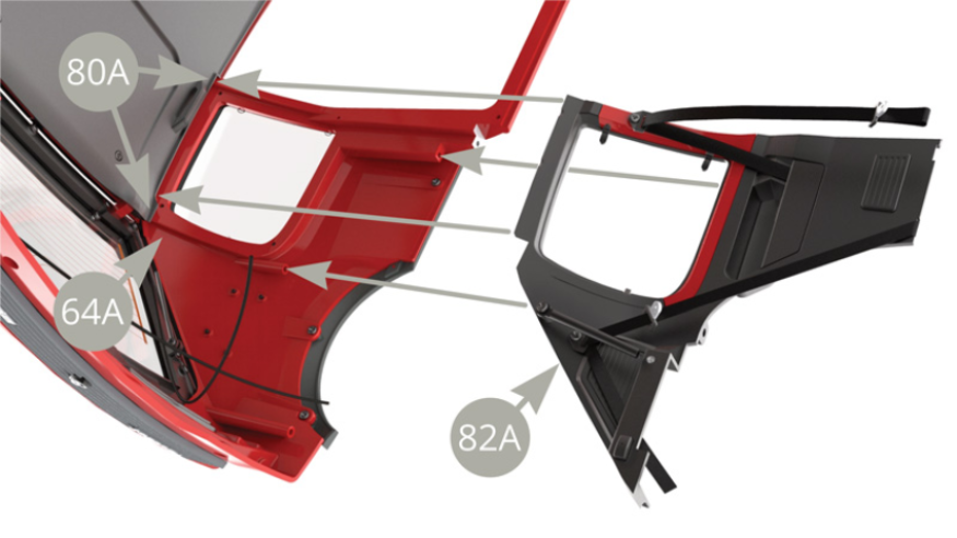 Fit 82A Interior left panel to 64A Bodywork and into the slot along 80A Ceiling panel rear left edge.