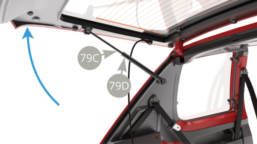 Open up the Tailgate ( blue arrow ) , align and fit 79C Tailgate strut piston into 79D Tailgate strut cylinder. Fit 79D Tailgate strut cylinder to 82A Interior left panel and fix with AP screw , allowing the movement.