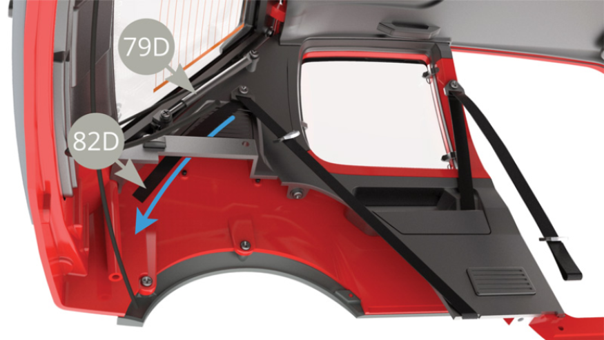 Check 79D Tailgate strut with closed Tailgate . Pull to tighten 82D Rear left safety belt ( blue arrow ).