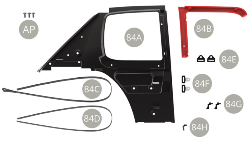 84A Panneau intérieur droit84B Cadre d’appui de fenêtre84C Ceinture de sécurité avant droite84D Ceinture de sécurité arrière droite84E Support de ceinture (x 2)84F Boucle de ceinture (x 2)84G Charnière de vitre de custode (x 2)84H Levier de vitre de custodeAP Vis M 1,7 x 4 mm (x 3)