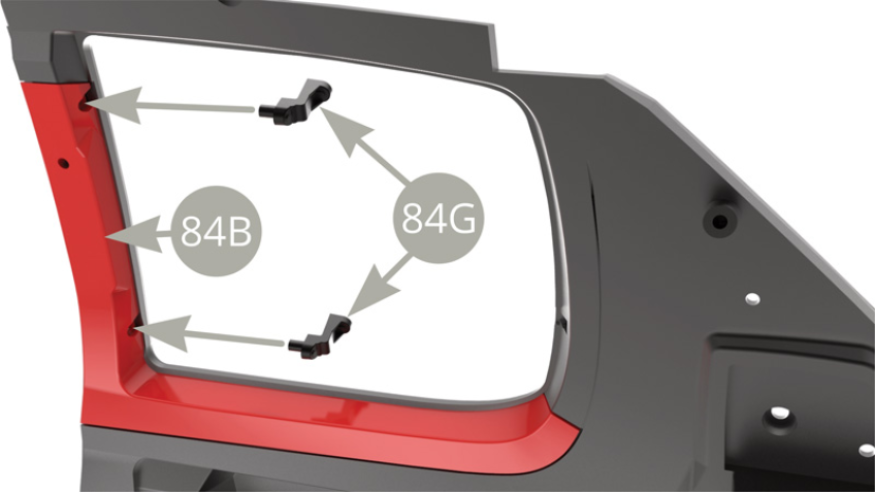 Positionner les deux charnières de vitre de custode 84G sur le cadre d’appui de fenêtre 84B.