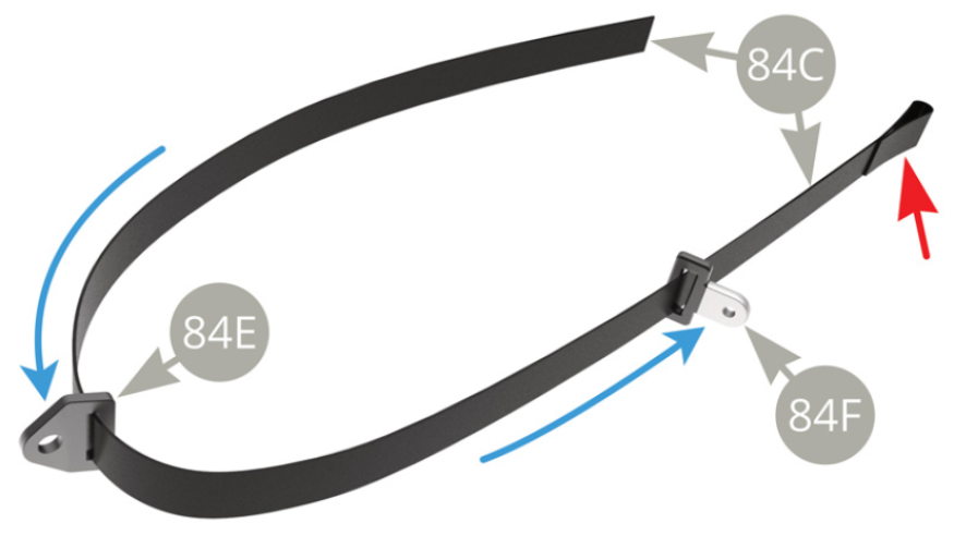 Fit sequentially 84F Buckle and 84E Belt holder to 84C Front right safety belt with loop at the end ( red arrow ).