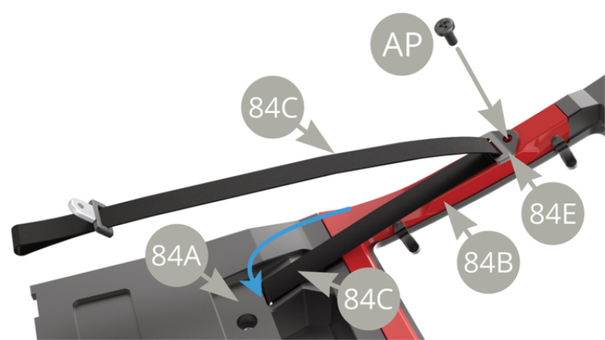 Positionner le support de ceinture 84E sur le montant du cadre d’appui de fenêtre 84B et le fixer avec une vis AP. Enfiler la ceinture de sécurité avant droite 84C dans la fente située sur le panneau intérieur droit 84A (flèche bleue).