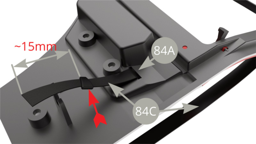 Tie a knot ( red arrow ) at approximately 15mm distance form 84C Front right safety belt end , to serve as stopper.