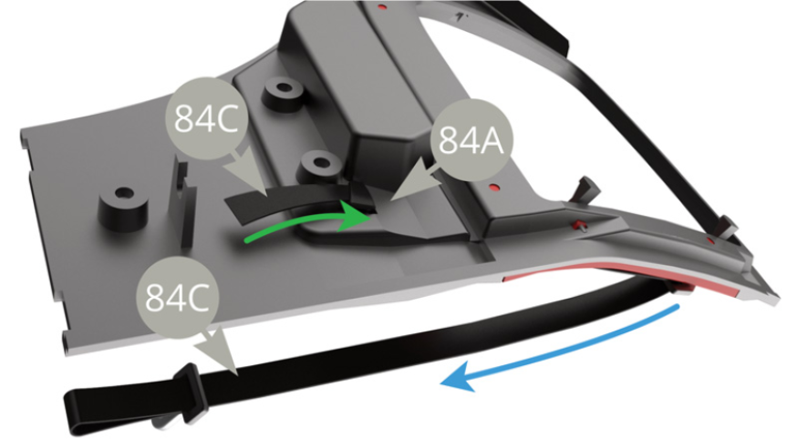 Pull 84C Front right safety belt as blue and green arrows point , to position the belt.