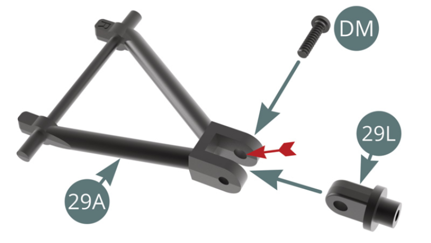 Positionner l’articulation du porte-moyeu 29L sur le triangle supérieur avant 29A et la fixer avec une vis DM en passant celle-ci dans le trou le plus large (flèche rouge), garder la mobilité.