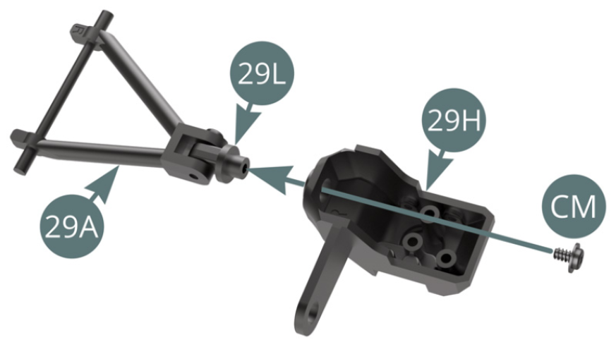 Den oberen Teil des Nabenträgers 29H auf das Gelenk des Nabenträgers 29L setzen und mit einer CM-Schraube befestigen, nicht zu fest anziehen, damit die Räder bewegen zu lassen.