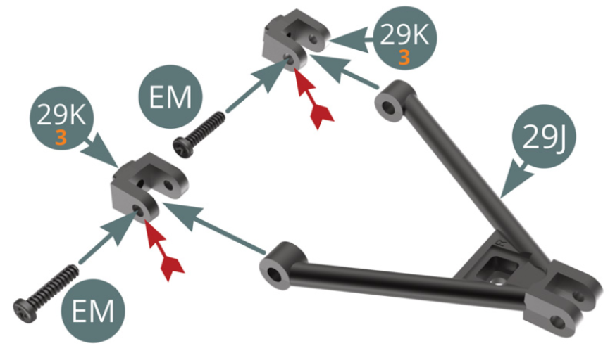 Positionner successivement les deux supports de triangle inférieur 29K (marqués 3) sur le triangle inférieur avant 29J et fixer chacun d’eux avec une vis EM en passant celle-ci dans le trou le plus large (flèche rouge), garder la mobilité.