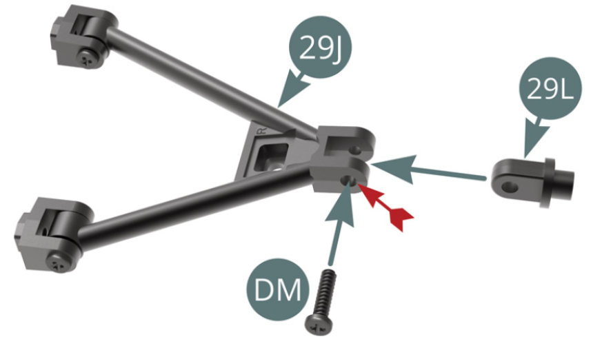 Monta la Articulación de mangueta (29L) en el Brazo oscilante inferior (29J) y fíjala con un tornillo DM a través del agujero de mayor diámetro (flecha roja), permitiendo cierta libertad de rotación.