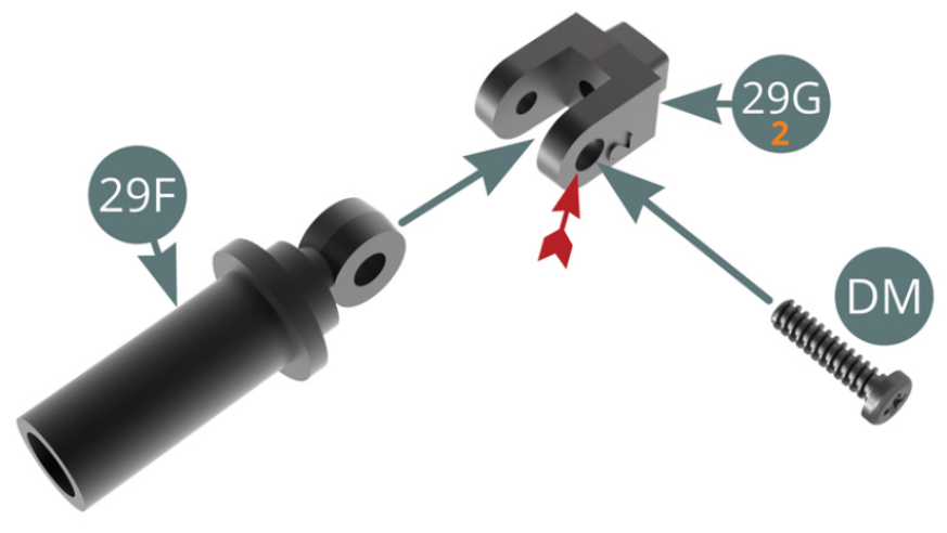 Positionner le support inférieur d’amortisseur 29G (marqué 2) sur le cylindre d’amortisseur 29F et le fixer avec une vis DM en passant celle-ci dans le trou le plus large (flèche rouge), garder la mobilité.