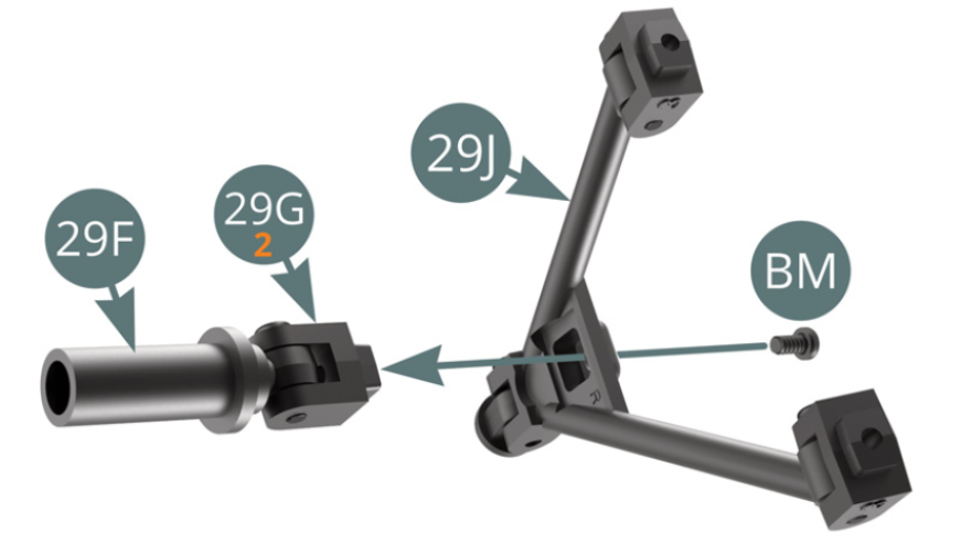 Positionner le support inférieur d’amortisseur 29G (marqué 2) sur le triangle inférieur avant 29J et le fixer avec une vis BM.