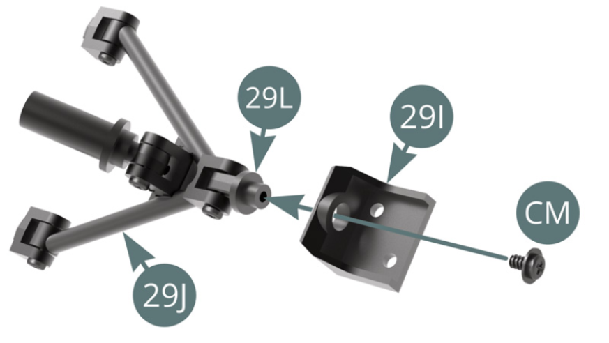 Positionieren Sie die Unterseite des Nabenträgers 29I auf das Nabenträgergelenk 29L und mit einer CM-Schraube sichern - nicht zu fest anziehen, damit die Räder bewegen zu lassen.