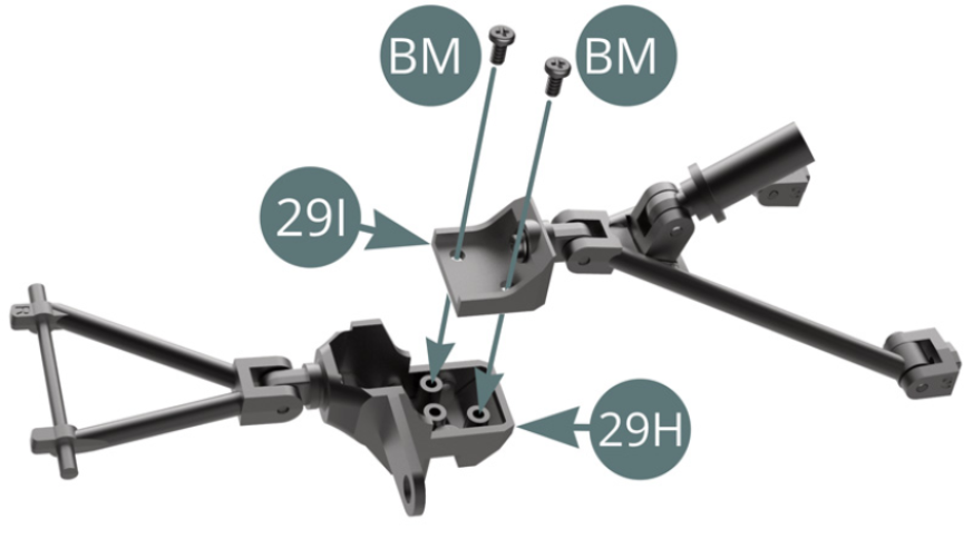 Une la Parte inferior de mangueta (29I) y la Parte superior de mangueta (29H) y fíjalas con dos tornillos BM.
