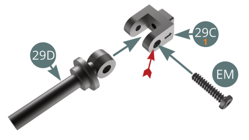 Positionner le support supérieur d’amortisseur 29C (marqué 1) sur le piston d’amortisseur 29D et le fixer avec une vis EM en passant celle-ci dans le trou le plus large (flèche rouge), garder la mobilité.