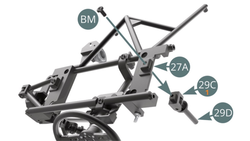 Positionner le support supérieur d’amortisseur 29C (marqué 1) sur le cadre du tableau de bord 27A et le fixer avec une vis BM.