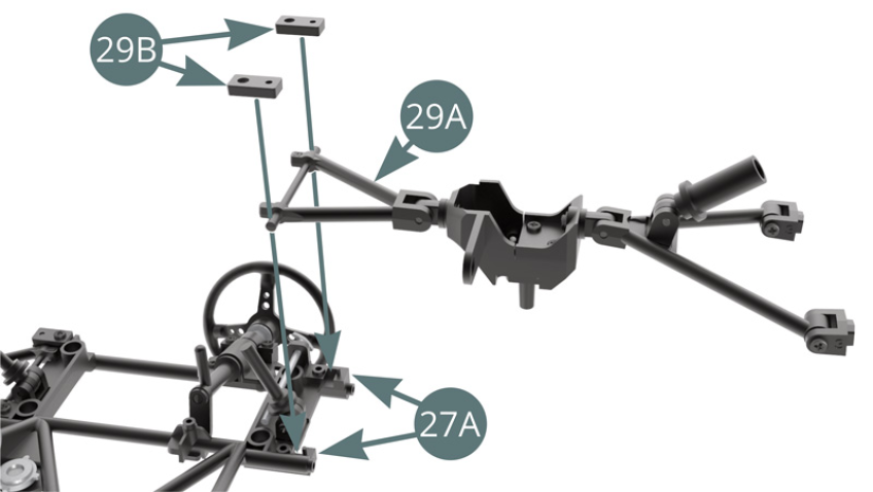 Setzen Sie den oberen vorderen Querlenker 29A auf den Rahmen des Armaturenbretts 27A und befestigen Sie ihn mit den Halterungen 29B und zwei BM-Schrauben (siehe Abbildung oben und gegenüber). Nicht zu fest anziehen, um Bewegungen zu ermöglichen.