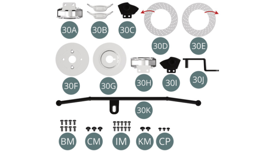 30A Bremssattel Links30B Bremskolbenabdeckung (x 2) 30C Bremskraftregler Links30D Innenfläche der rechten Bremsscheibe (Richtung der Lüftungslöcher beachten) 30E Außenfläche der rechten Bremsscheibe (Richtung der Lüftungslöcher beachten) 30F Rechte innere Bremshalbscheibe 30G Rechte äußere Bremshalbscheibe30H Bremssattel Rechts30I Bremskraftregler Rechts30J Lenkstange / Spurstange30K Lenkstange BM Schraube M 2,0 x 4 mm (x 8) CM Schraube M 2,0 x 3 x 5 mm (x 3) IM Schraube M 1,7 x 3,5 mm (x 10) KM Schraube M 1,7 x 3 x 5 mm (x 2) CP Schraube M 1,7 x 3 x 5 mm (x 3)