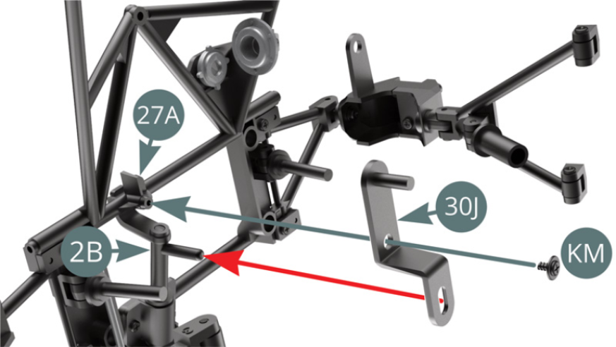 Positionieren Sie die 30J-Lenkstange am Rahmen  des Armaturenbretts 27A, und dabei den Hebel am Ende der Lenksäule in den dafür vorgesehenen Schlitz (roter Pfeil) einrasten lassen, und dann mit einer KM-Schraube befestigen.