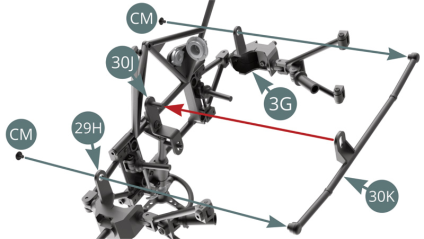 Die Lenkstange 30K auf den oberen Nabenträgern 29H und 3G positionieren, während sie in die Achse der Spurstange eingreift (roter Pfeil) und mit zwei CM-Schrauben befestigen.