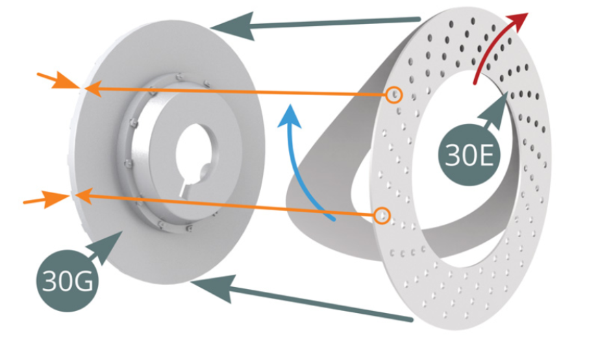 Retira el papel de soporte (flecha azul) de la Superficie exterior del disco de freno derecho (30E) y aplica el adhesivo en el Semi disco de freno exterior derecho (30G) - observa la dirección de los orificios de ventilación, flecha roja. Asegúrate de que los orificios exteriores estén orientados hacia las nervaduras del disco (flechas naranjas).