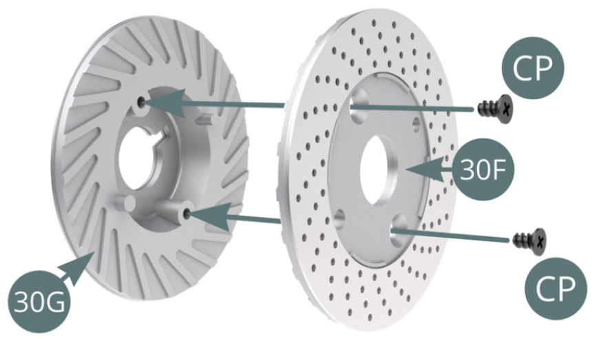 Positionner ensemble les demi-disques de frein extérieur 30G et intérieur 30F et les fixer avec deux vis CP.