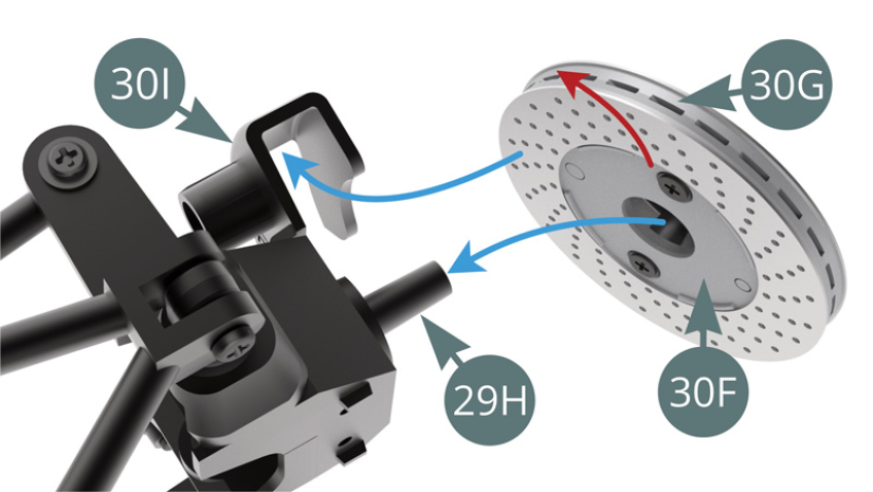Positionieren Sie die rechten Bremsscheiben 30G-30F (achten Sie auf die Richtung der Lüftungslöcher, roter Pfeil) auf dem Nabenträger 29H, während Sie ihn in den Bremskraftregler 30I einrasten lassen (blaue Pfeile). Nebenstehende Abbildungen.