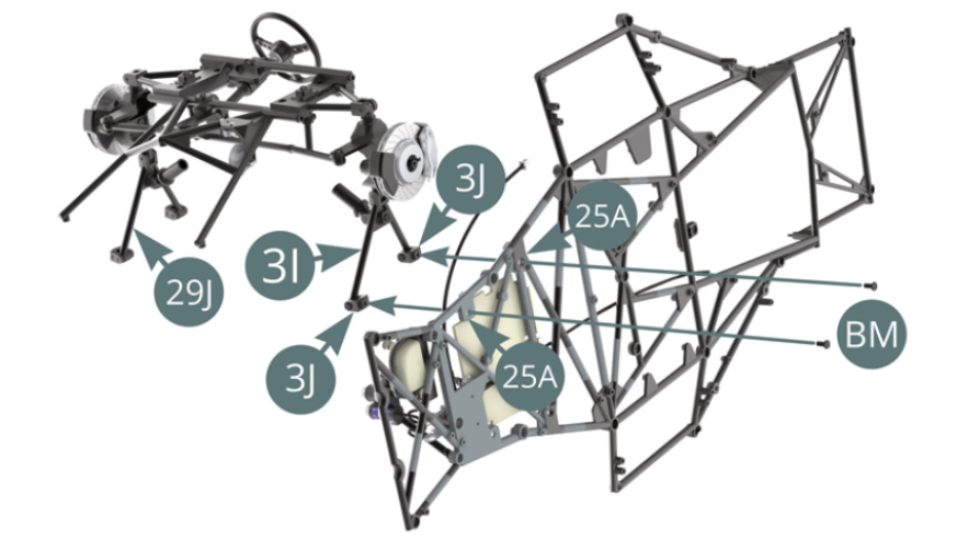 Installer la suspension avant en positionnant les deux supports 3J du bras oscillant inférieur 3I sur le châssis inférieur 25A et les fixer avec deux vis BM.